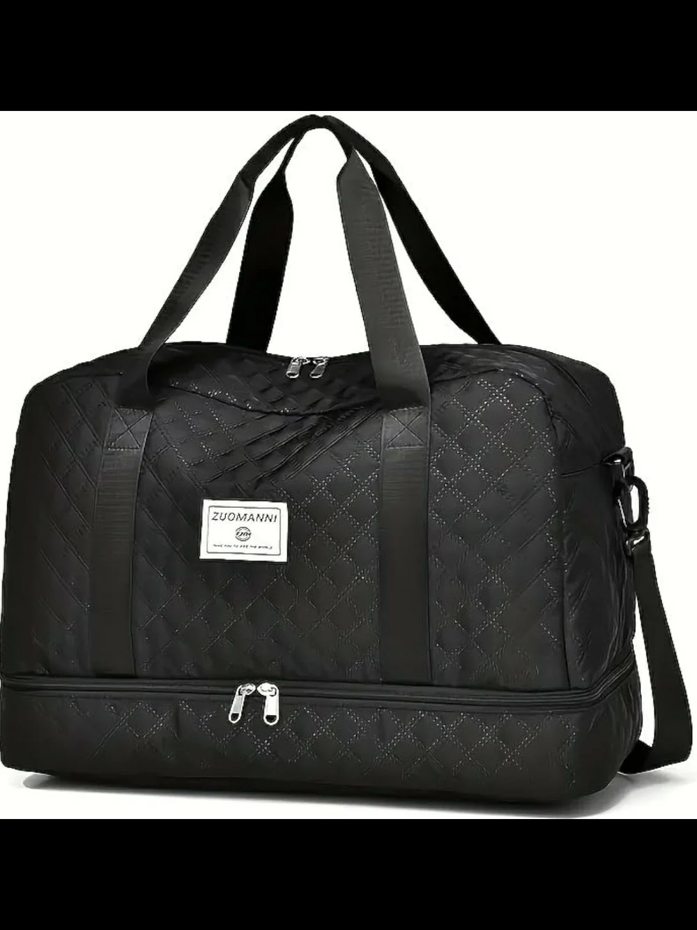 Black Quilted Duffel Bag with Bottom Shoe Compartment